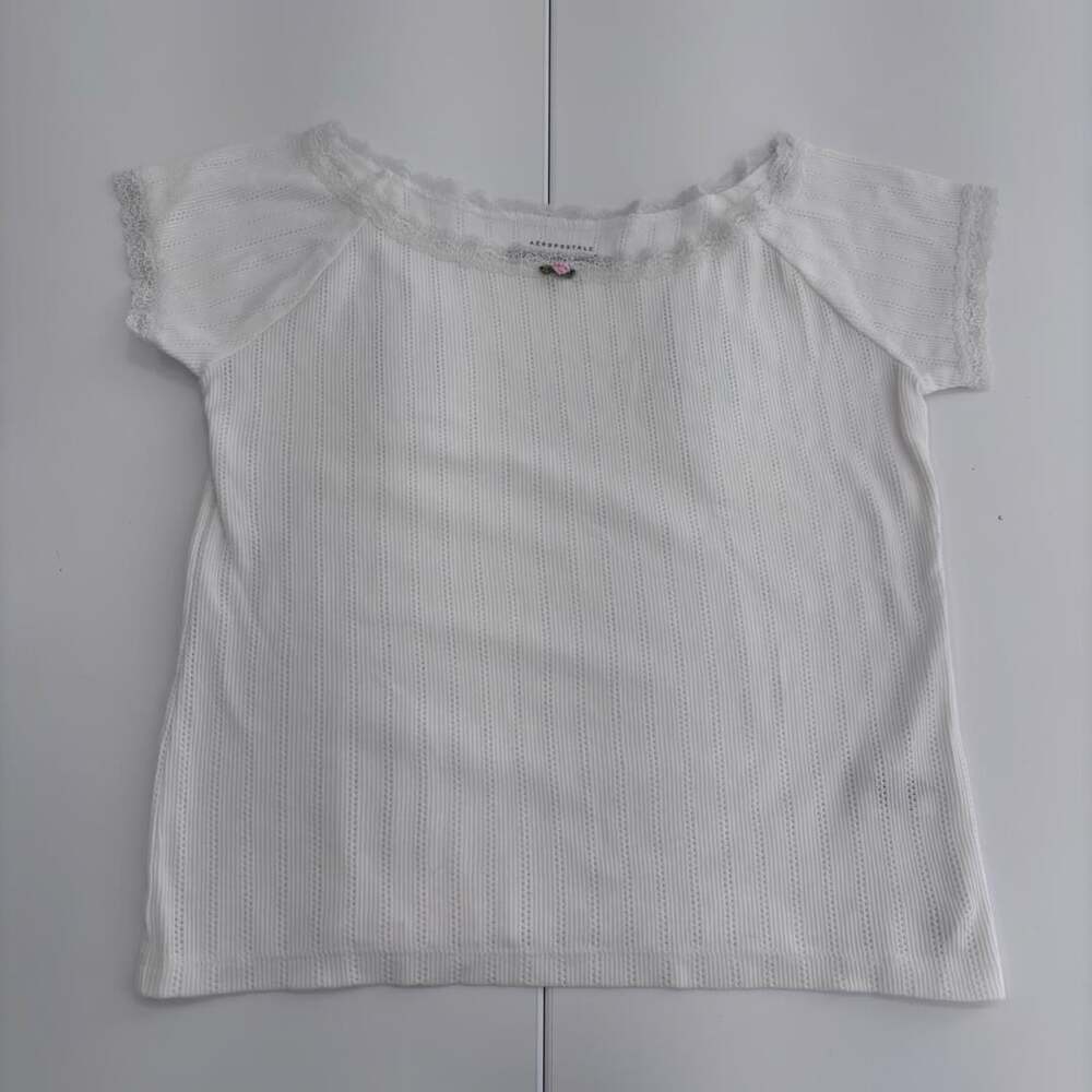 Aeropostale Seriously Soft Shrunken Tee Small White Pointelle Lace Rosette